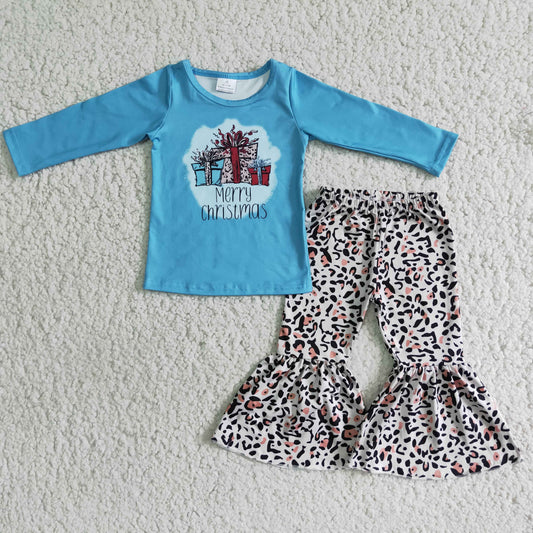 (Promotion) 6 B6-36 Merry Christmas Gifts Blue Top Leopard Pants Girls Christmas Outfits