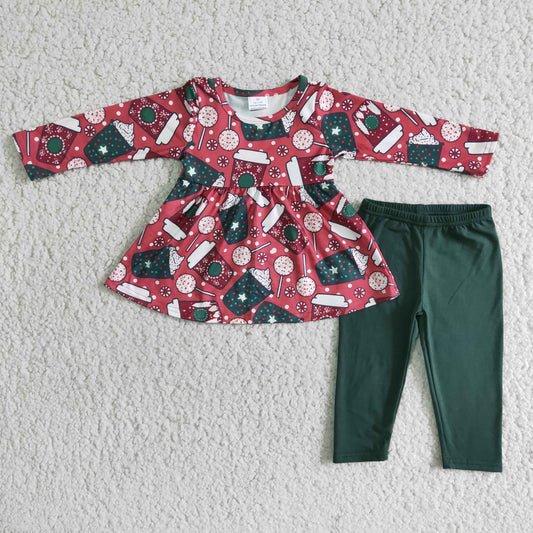 (Promotion) 6 A18-29 Coffee Candy Tunic Top Green Legging Pants Christmas Outfits