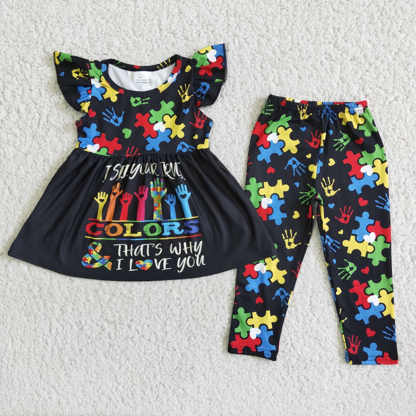 (Promotion)D8-20 Flutter sleeve tunic legging pants AUTISM print outfits