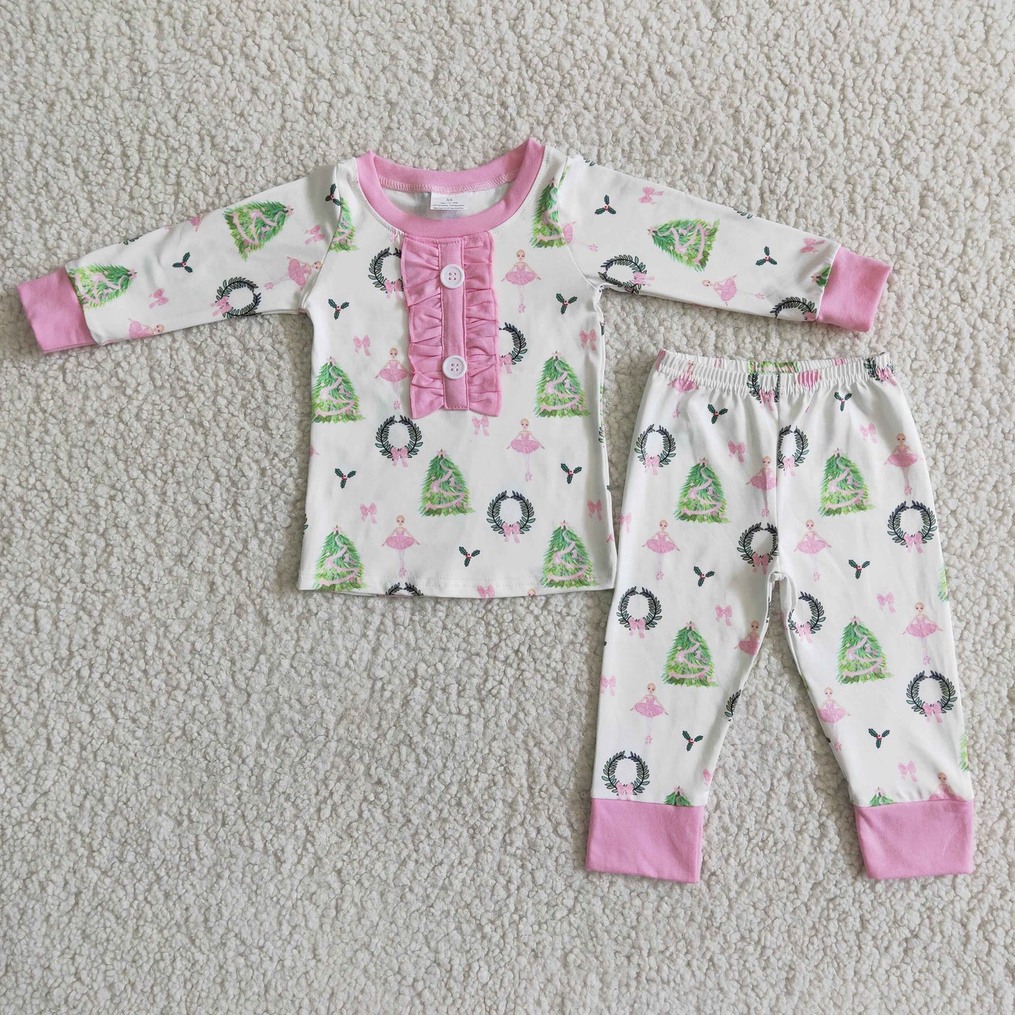 (Promotion)6 A16-27 Pink Ruffles Christmas Tree Girls Pajamas Outfits