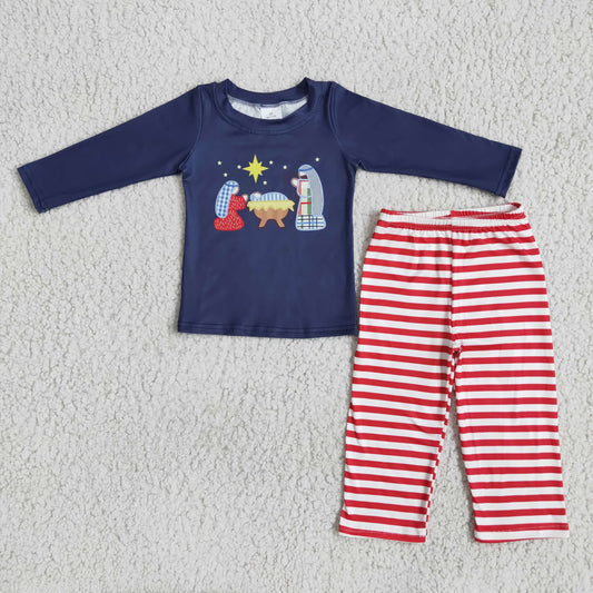 (Promotion)6 A20-17 The Nativity Navy Top Red Stripes Pants Boys Christmas Outfits