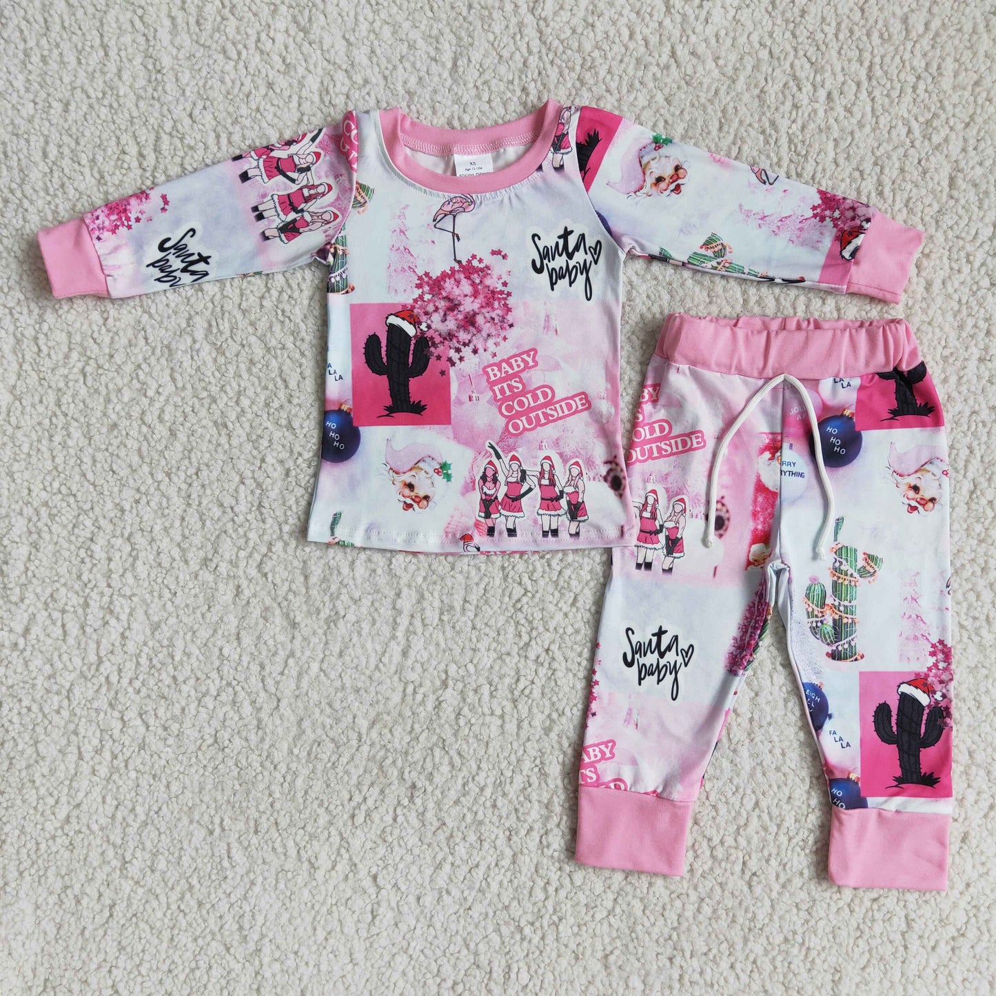 (Promotion) 6 A17-4 Pink Santa Cactus Girls Western Christmas Pajamas Clothes Set