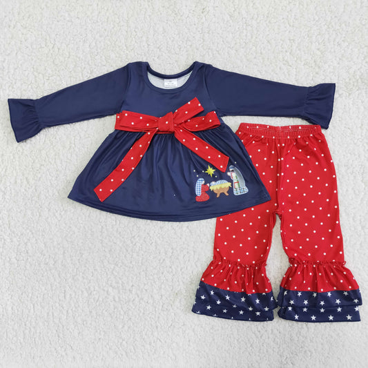 (Promotion)6 B1-2 The Nativity Navy Tunic Top Red Dots Ruffles Pants Outfits