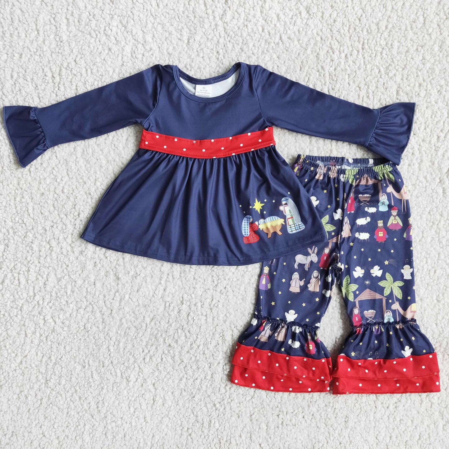 (Promotion) 6 A12-17 The Nativity Navy Tunic Top Ruffles Pants Outfits