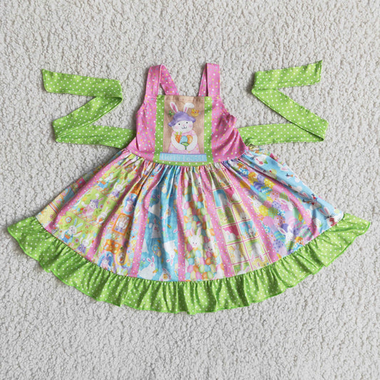 (Promotion)A16-13Girls sleeveless Happy Easter bunny panel twirl dress