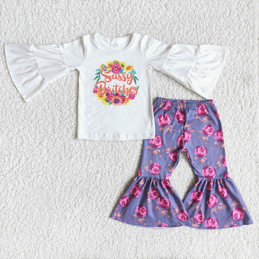 (Promotion) 6 A0-11 Long sleeve flowers print bell bottom pants girls outfits