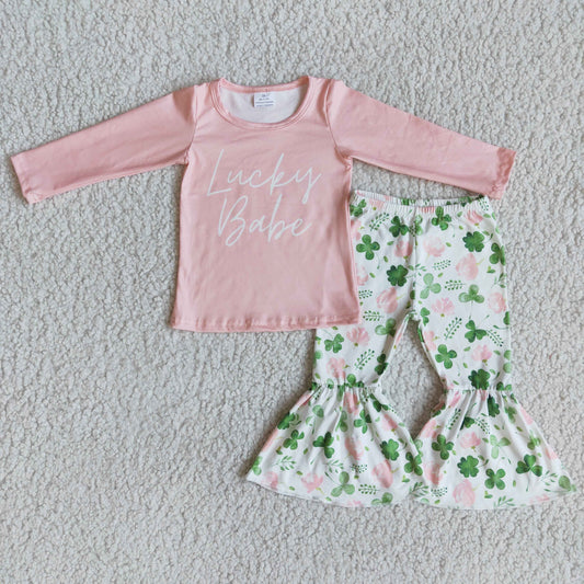 (Promotion)Lucky Babe pink top bell bottom pants St. Patrick Days' outfits 6 B2-25