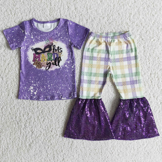 (Promotion)E5-17 Short sleeve bell bottom sequins pants Mardi Gras outfits  E5-17