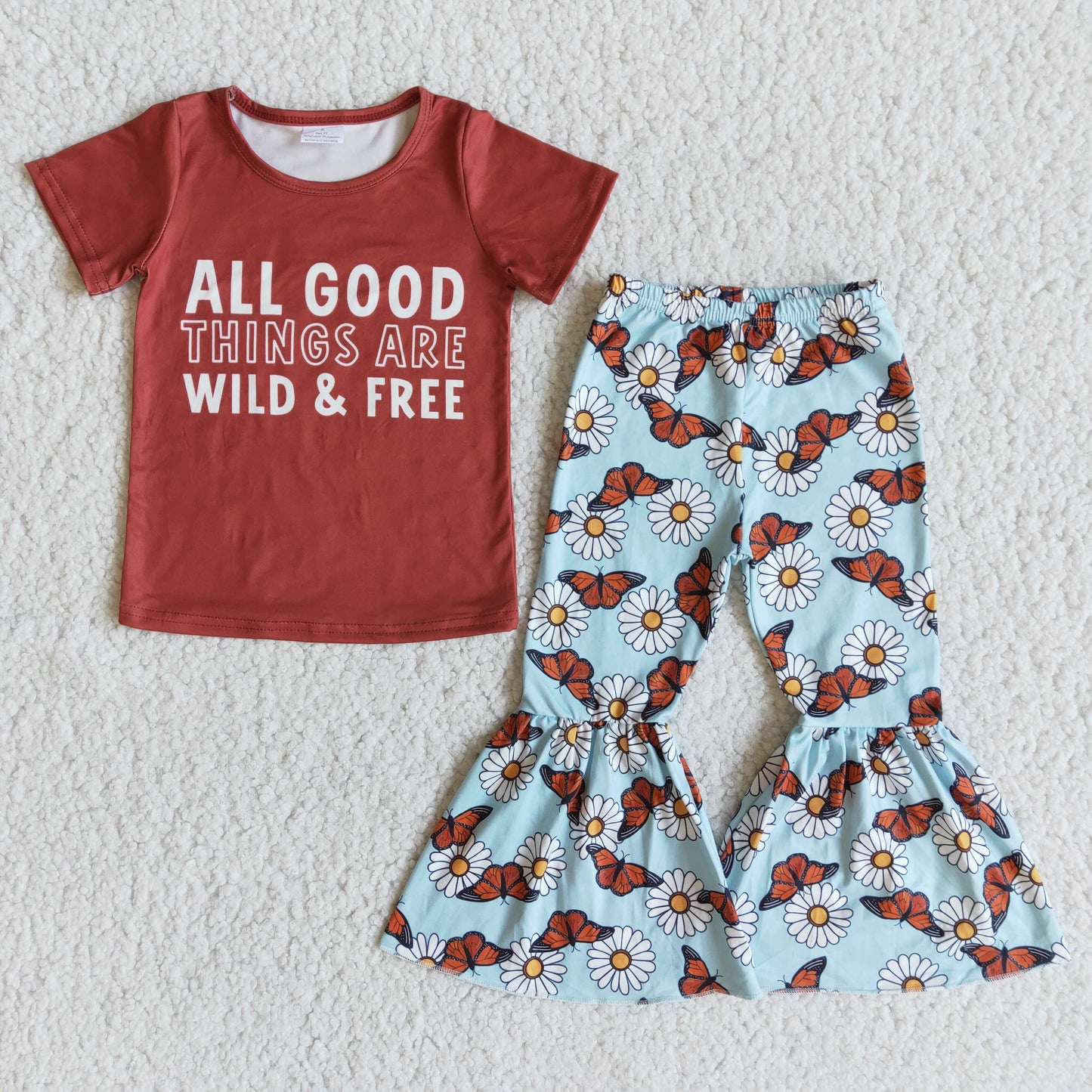 (Promotion)Wild & free short sleeve top butterfly bell bottom pants outfits E7-28