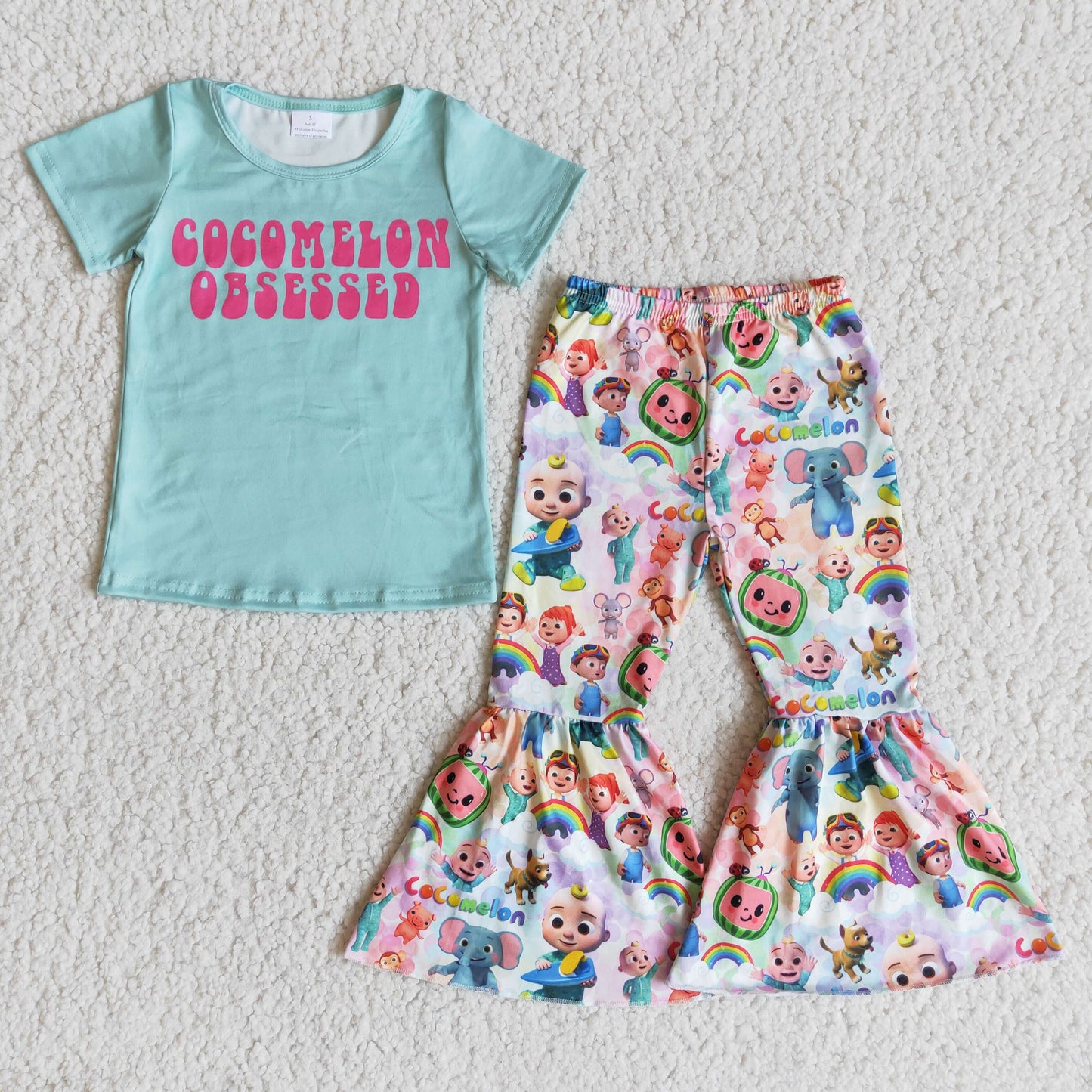 (Promotion) Short sleeve cartoon print bell bottom pants outfits E6-4