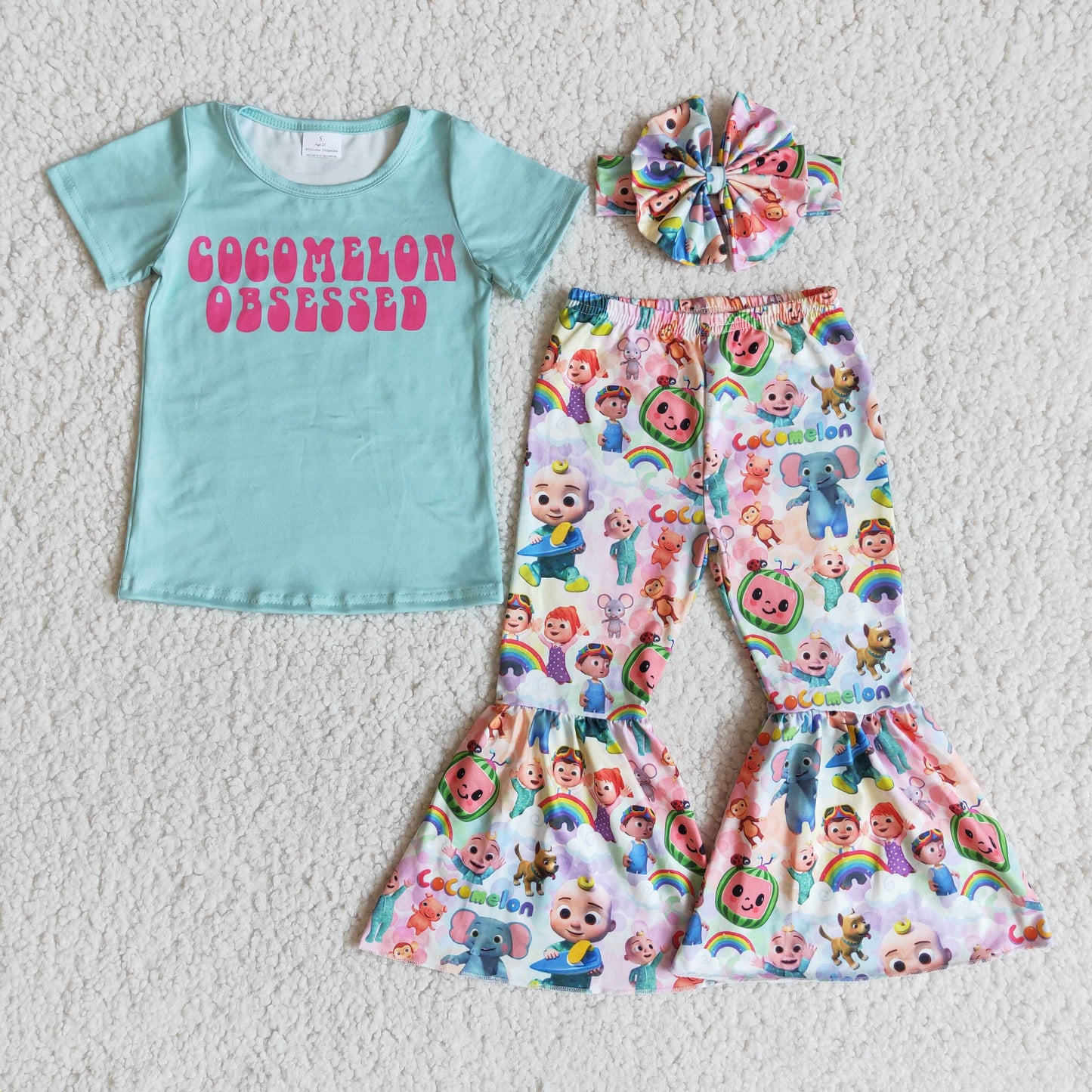 (Promotion) Short sleeve cartoon print bell bottom pants outfits E6-4