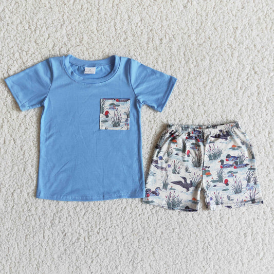 E8-15 Blue Pocket Top Duck Shorts Boys Summer Outfits