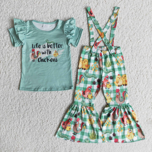 Girls overall design short sleeve bell bottom pants outfits  E9-15