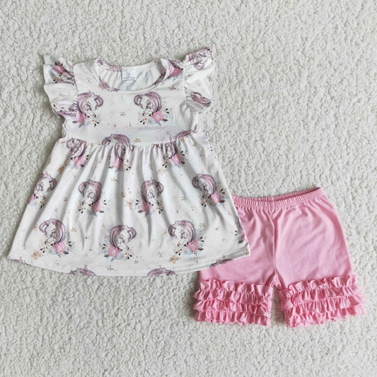 (Promotion) Flutter sleeve pink unicorn icing shorts summer outfits A6-9-1