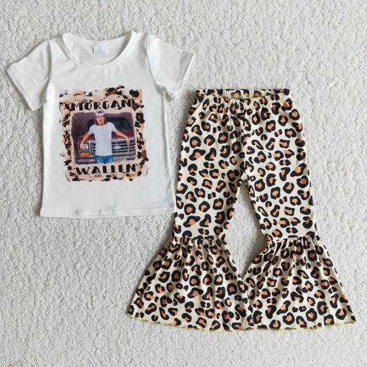 Short sleeve bell bottom pants sing leopard print outfits  B10-24