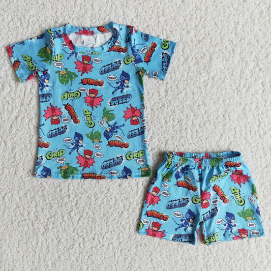 (Promotion)Boys blue cartoon print summer pajams E12-5