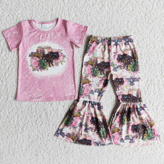 (Promotion)Girls pink western design flowers print bell bottom pants outfits E12-15