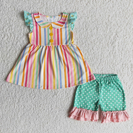 (Promotion)Flutter sleeve colorful stripes top dots ruffles shorts summer outfits A15-9