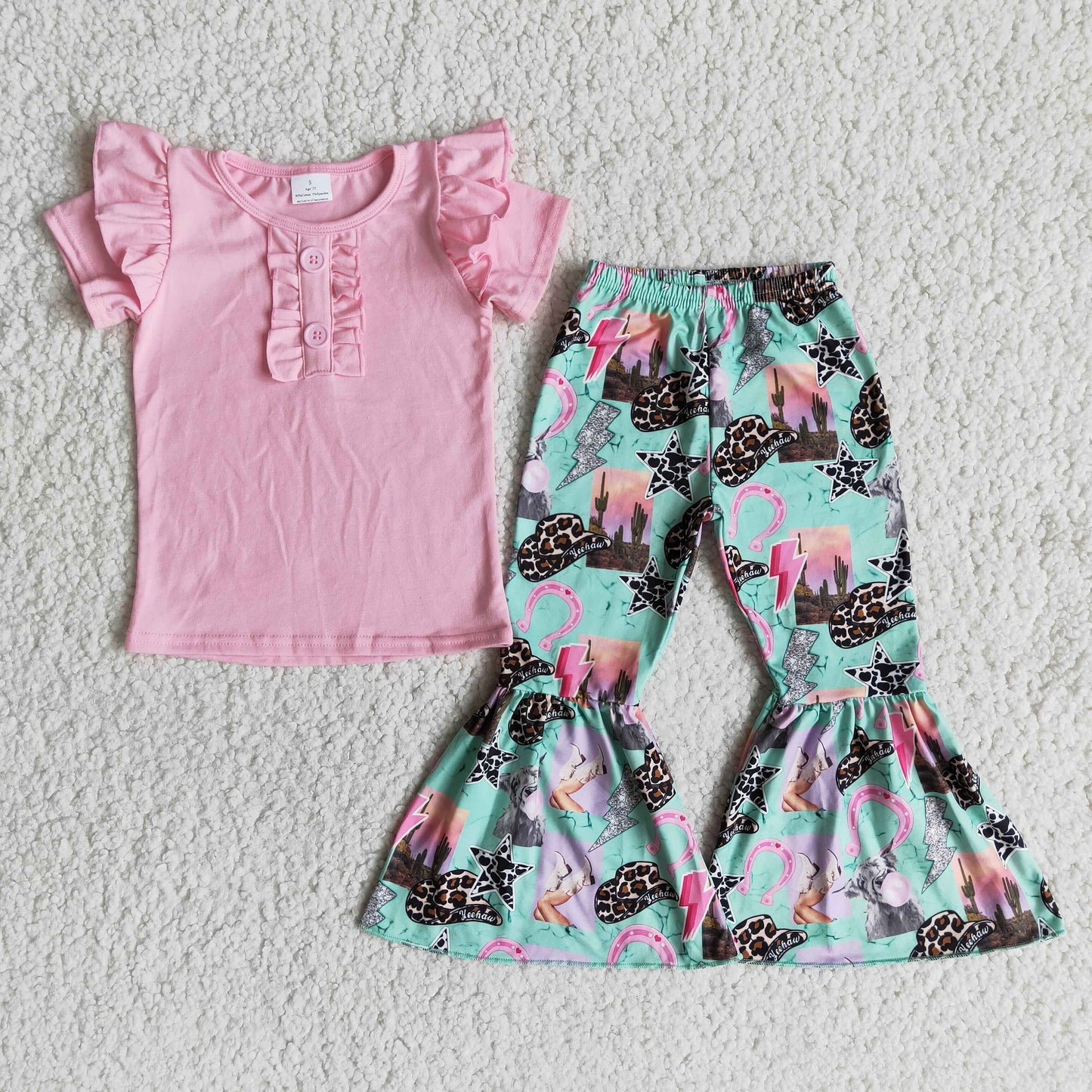 (Promotion) Pink cotton top western print bell bottom pants outfits B2-11