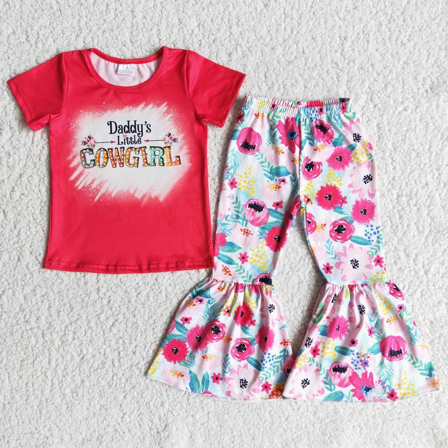 (Promotion) Daddy's little cowgirl short sleeve flowers bell bottom pants outfits B1-26