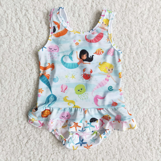 Girls sleeveless cartoon print swimsuit