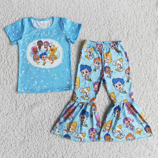 (Promotion) Girls blue cartoon bell bottom pants outfits B0-26