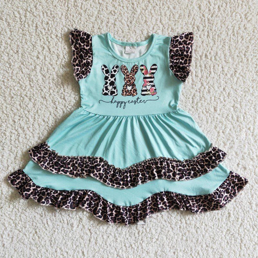 Flutter sleeve knee length bunny leopard print ruffles Easter dress EC0006