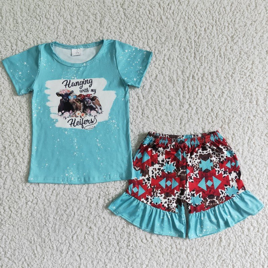(Promotion)Heifers blue top aztec print ruffles shorts girls summer outfits  GSD0046