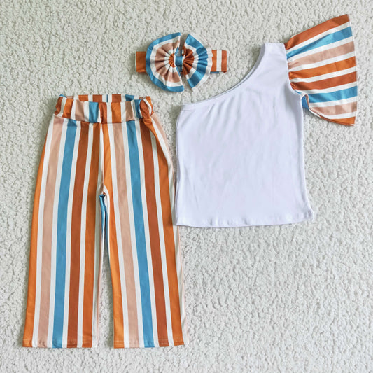 (Promotion)Girls one shoulder top stripe pants clothes sets  GSPO0076