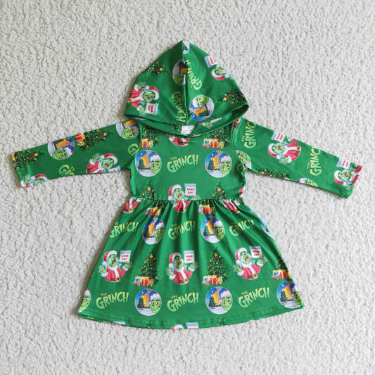 (Promotion)6 B10-24 Christmas Green Frog Girls Hooded Knee Length Dress