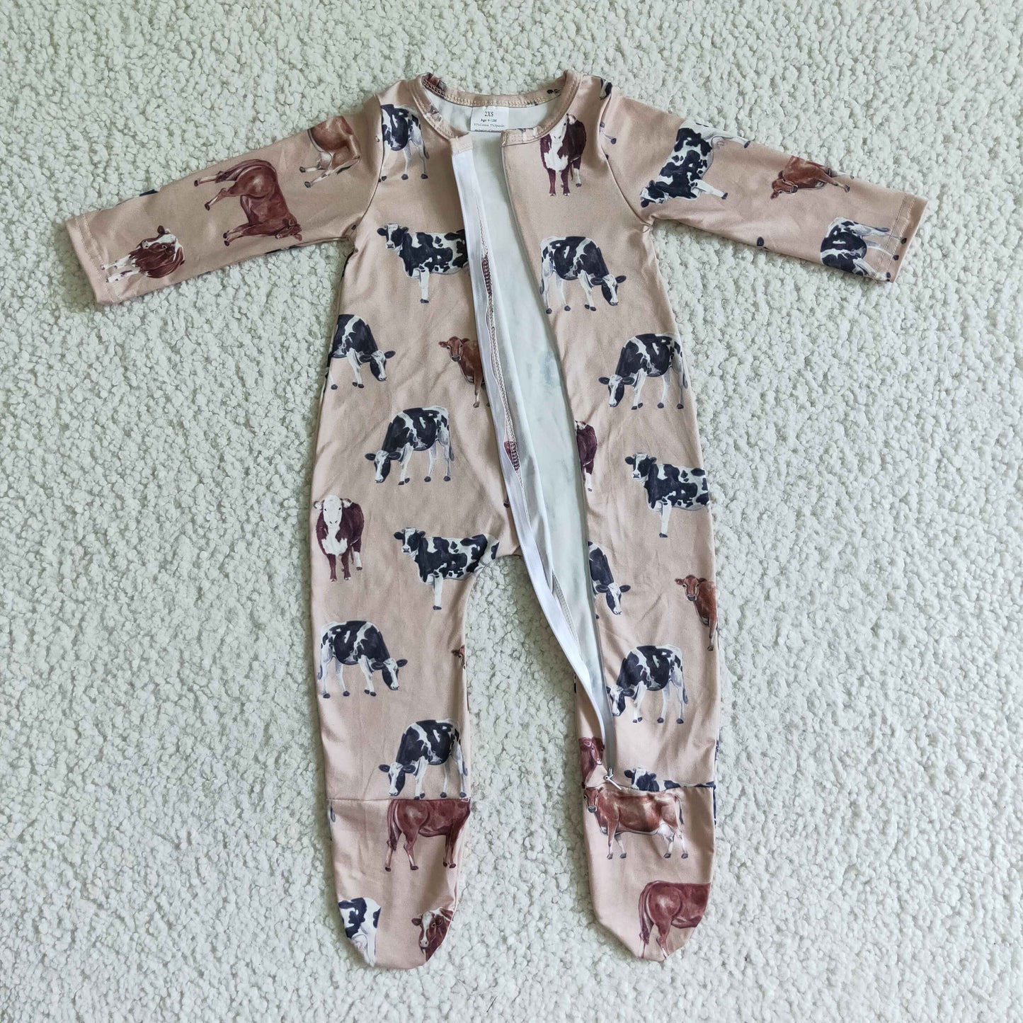 Baby cow print FOOTED fall zipper romper      LR0073