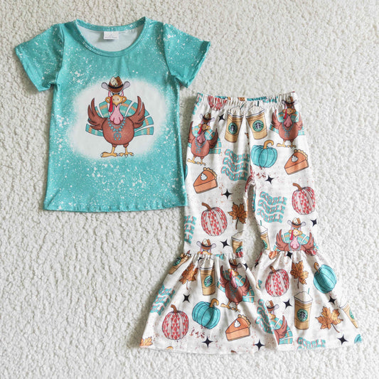 Girls blue turkey print Thanksgiving outfit  GSPO0195