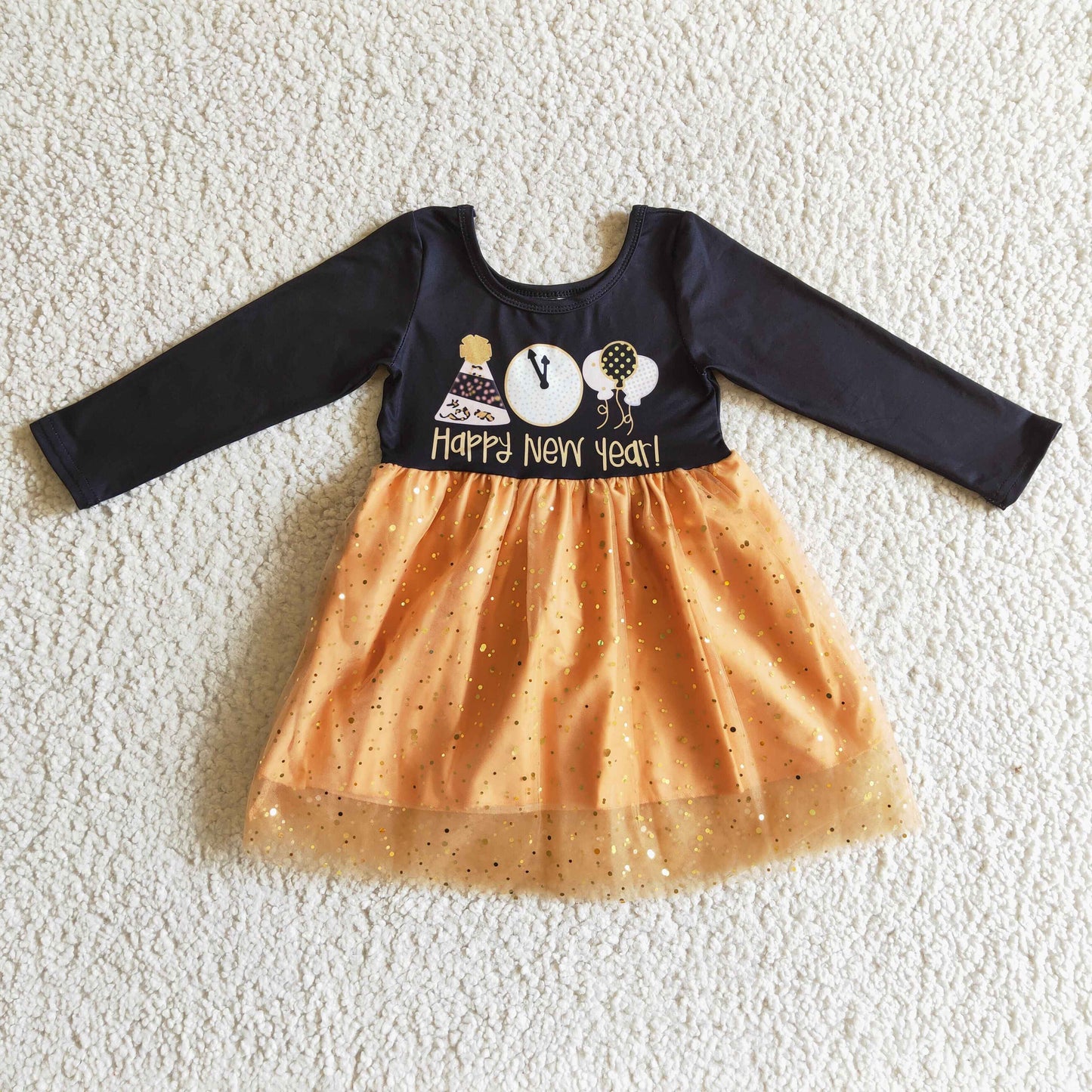(Promotion)Girls long sleeve happy new year tulle dress  GLD0138