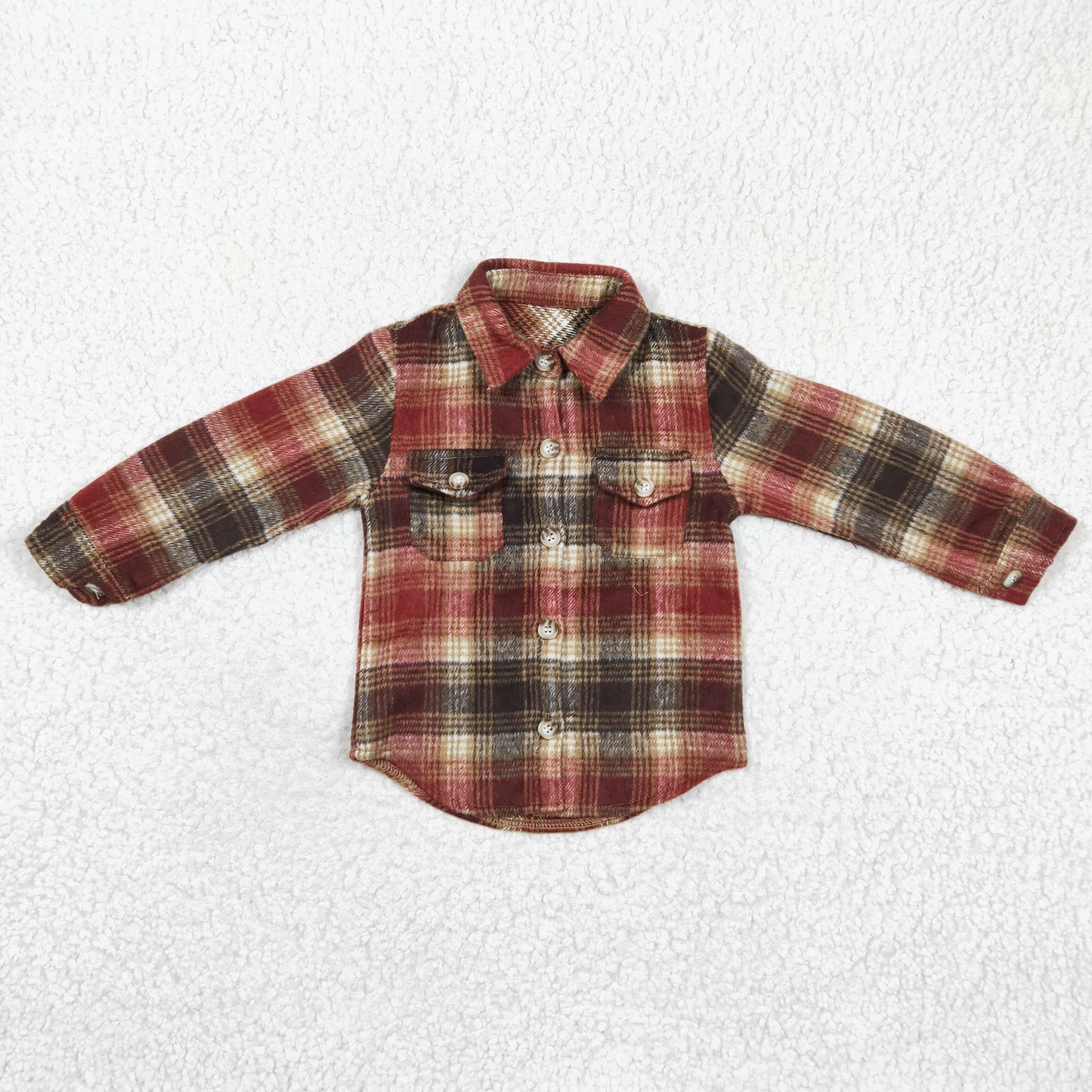 Brown red plaid cotton pocket boy thick flannel button up shirt BT0191