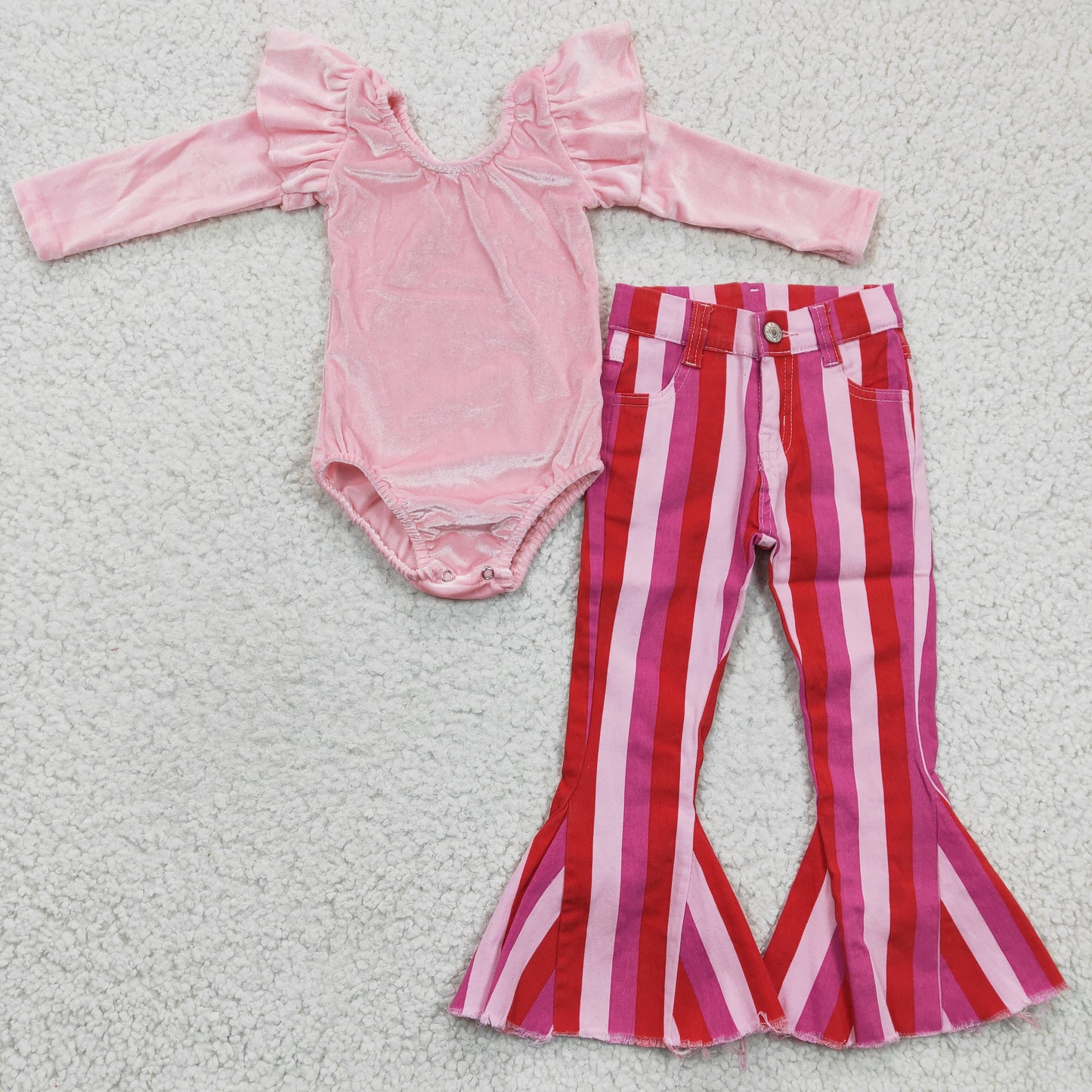 Girls long sleeve pink velvet leotard stripes bell bottom jeans Valentine's Day outfits GLP0420