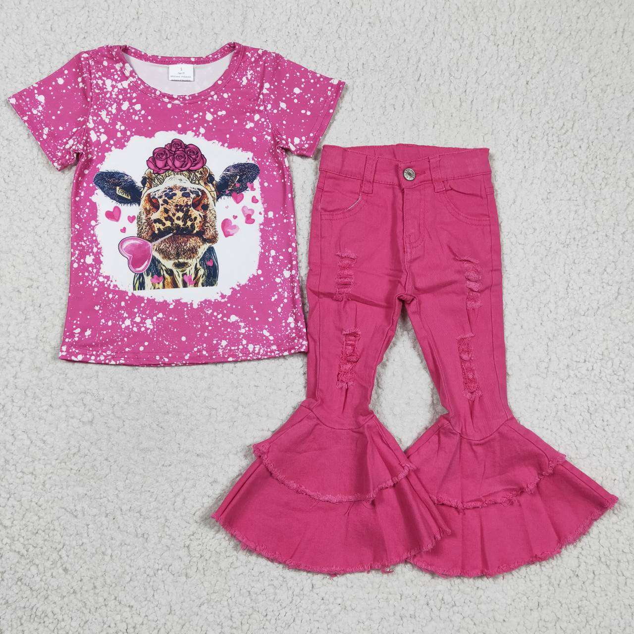 Girls hot pink cow heart print Valentine's Day top pink denim pants outfits