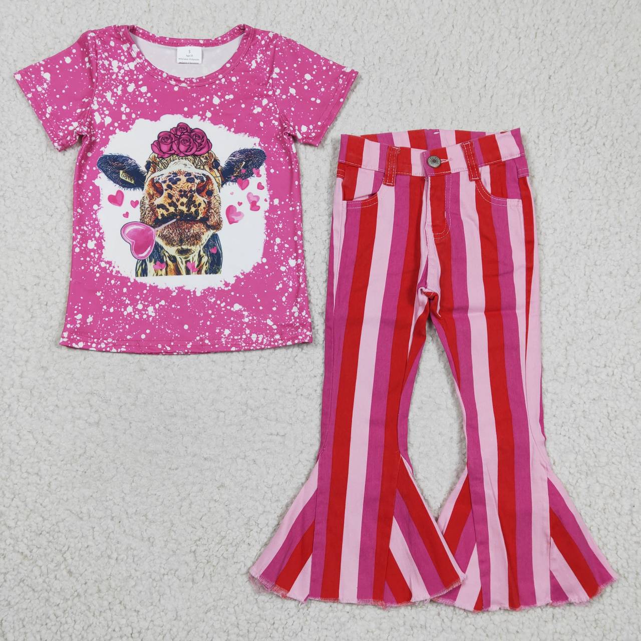 Girls hot pink cow heart print Valentine's Day top pink stripes denim pants outfits