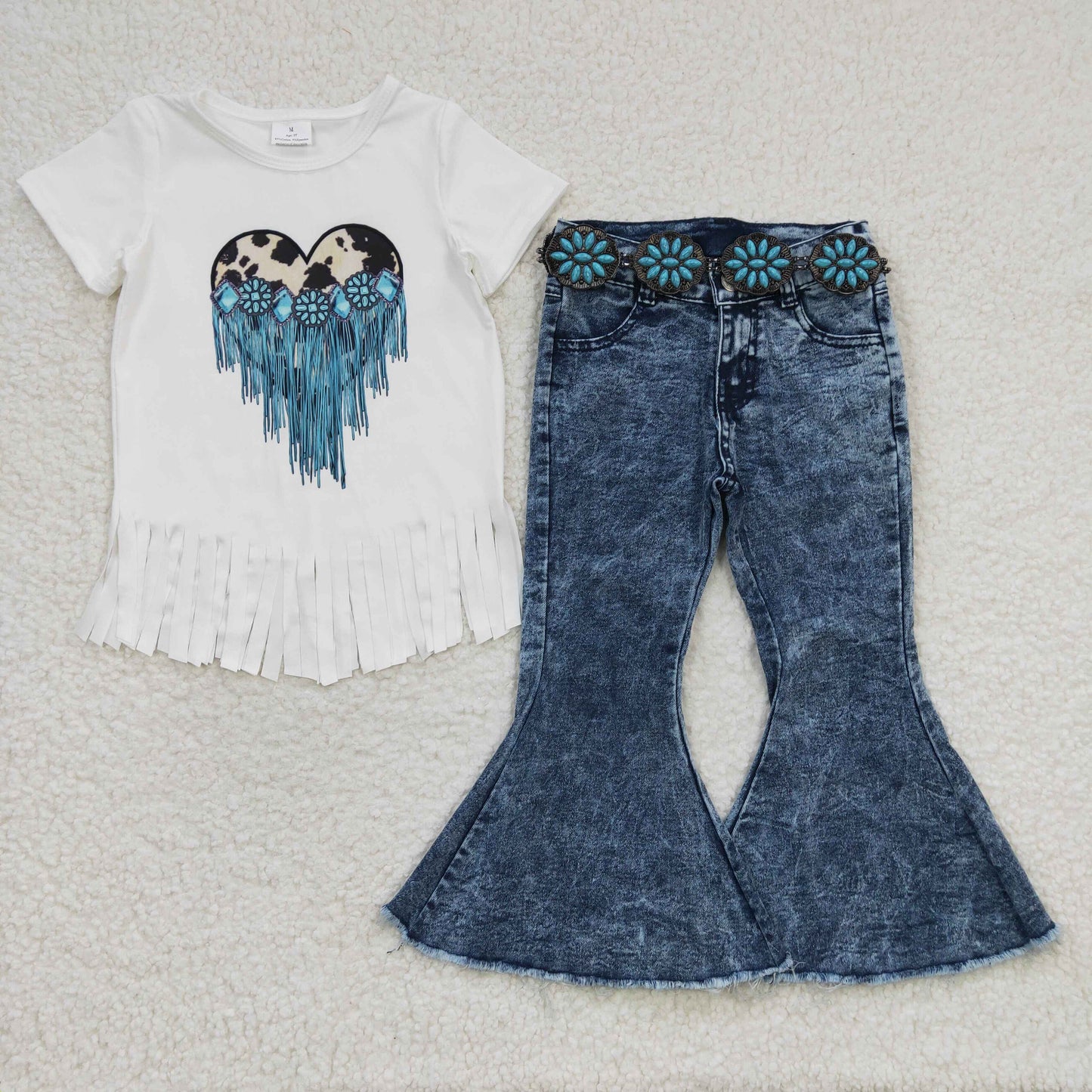 Girls turquoise print tassels top blue Denim bell Pants 3 pcs outfits  GSPO0463