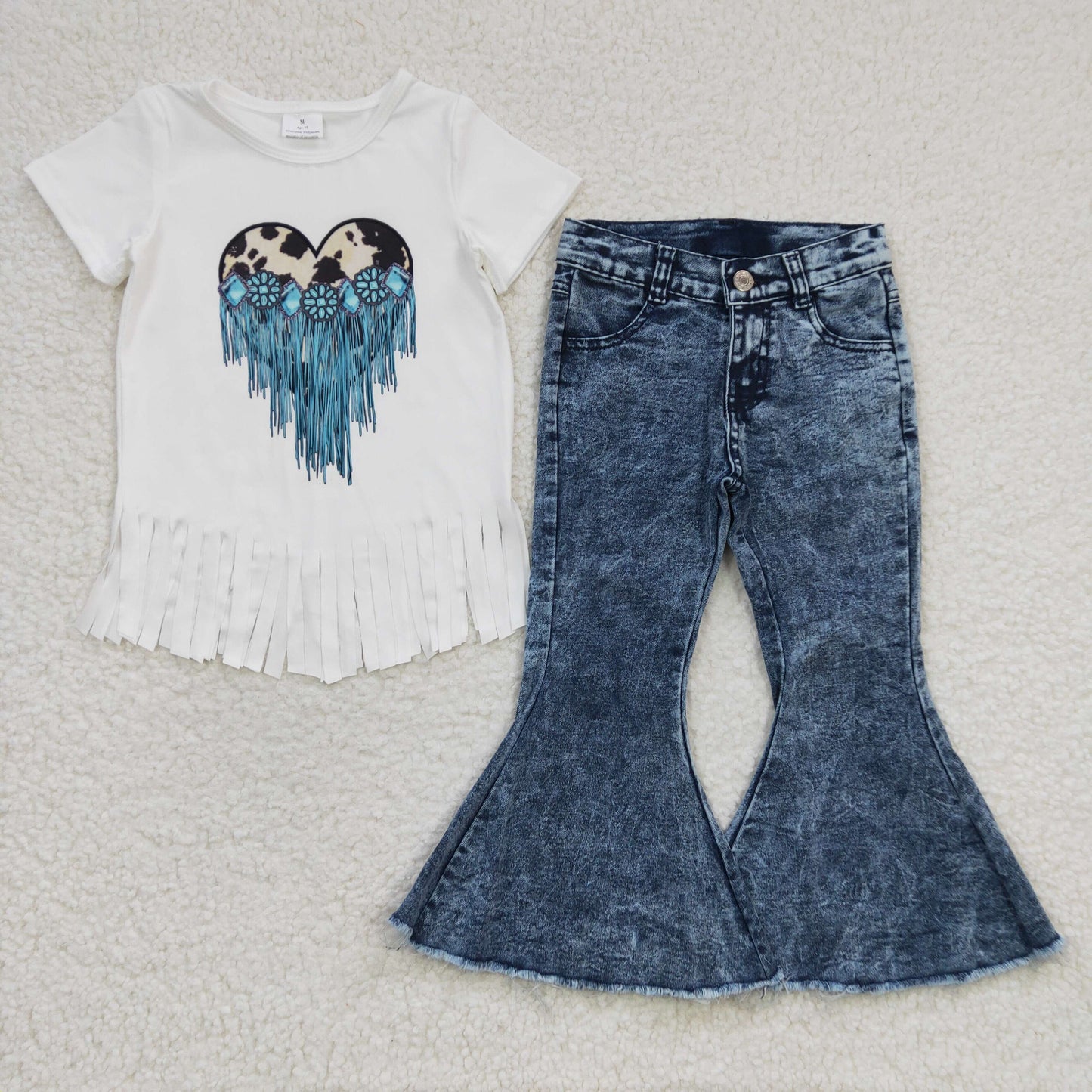 Girls turquoise print tassels top blue Denim bell Pants 3 pcs outfits  GSPO0463