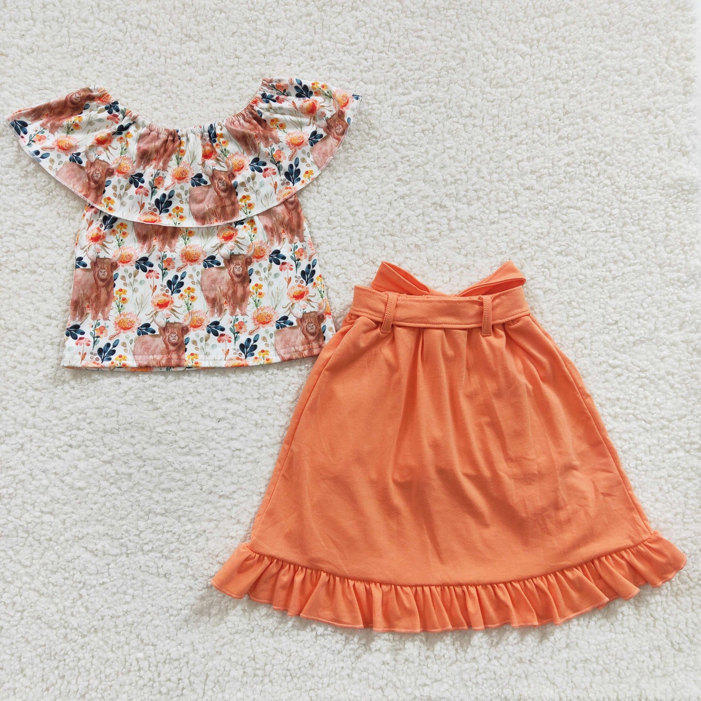 Girls highland cow top orange skirt 2pcs outfit  GSSO0184