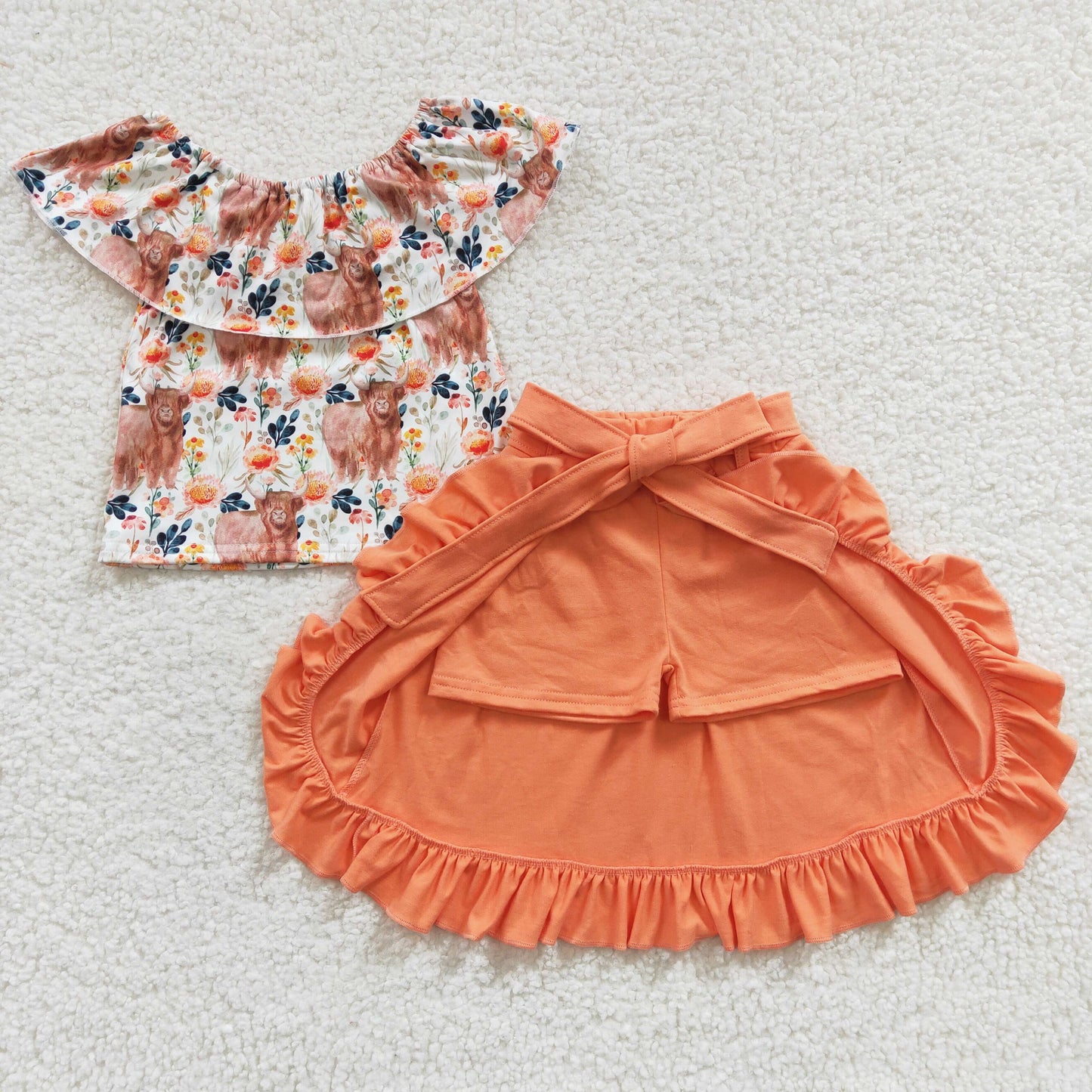 Girls highland cow top orange skirt 2pcs outfit  GSSO0184