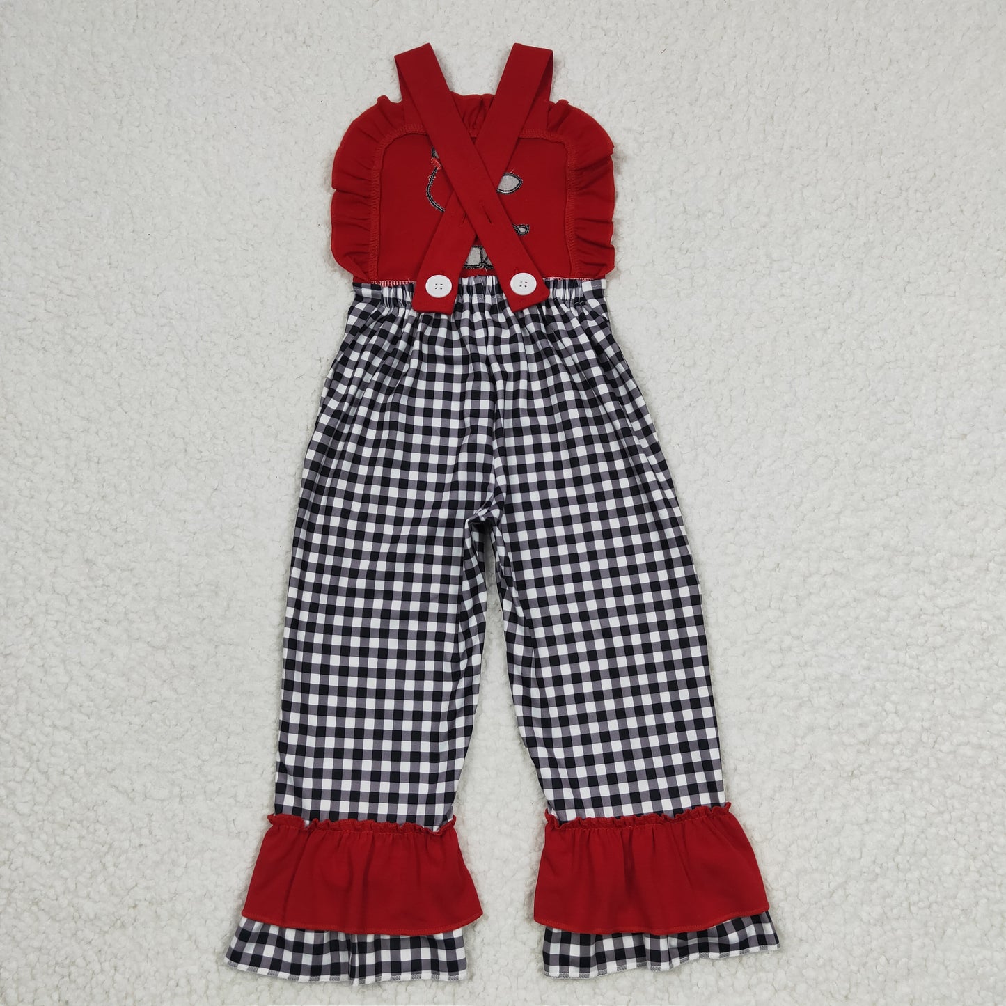 Girls cow embroidery red top plaid pants Ruffles jumpsuit       SR0165