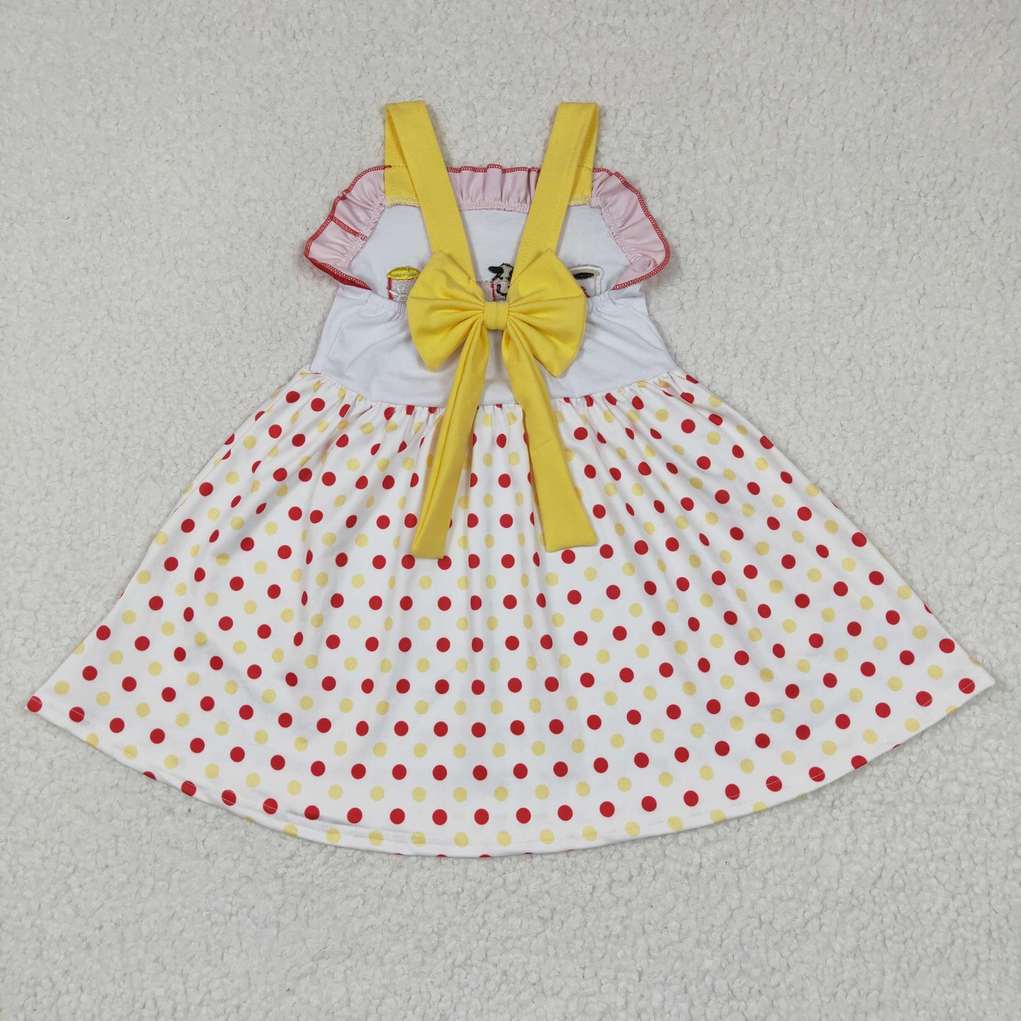 Girls sleeveless yellow bow red dots print dress    GSD0203