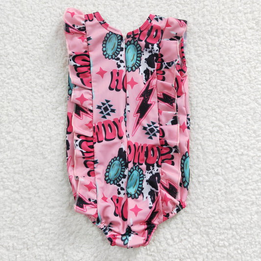 Girls pink HOWDY western print ZIP swimsuit    S0036