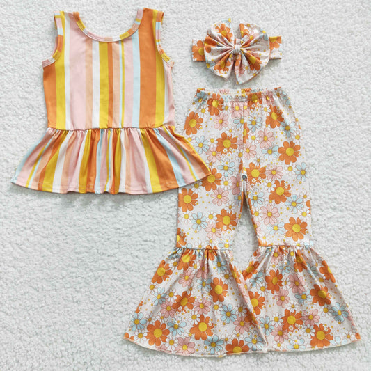 Girls stripes top orange floral bell bottom pants Clothes set GSPO0509