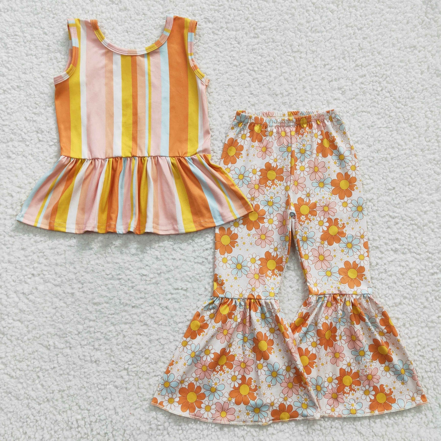 Girls stripes top orange floral bell bottom pants Clothes set GSPO0509