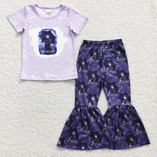 Girls short sleeve Wednesday design bell pants outfit GSPO0448