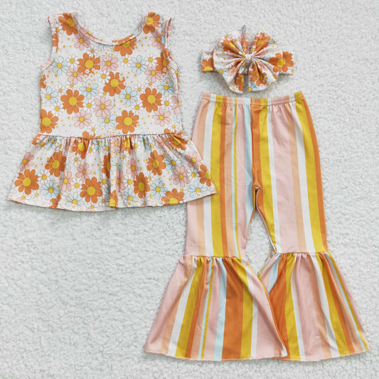 Girls orange floral top stripe bell bottom pants Clothes set GSPO0508