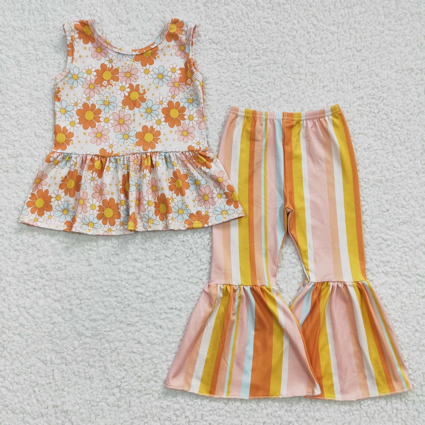 Girls orange floral top stripe bell bottom pants Clothes set GSPO0508