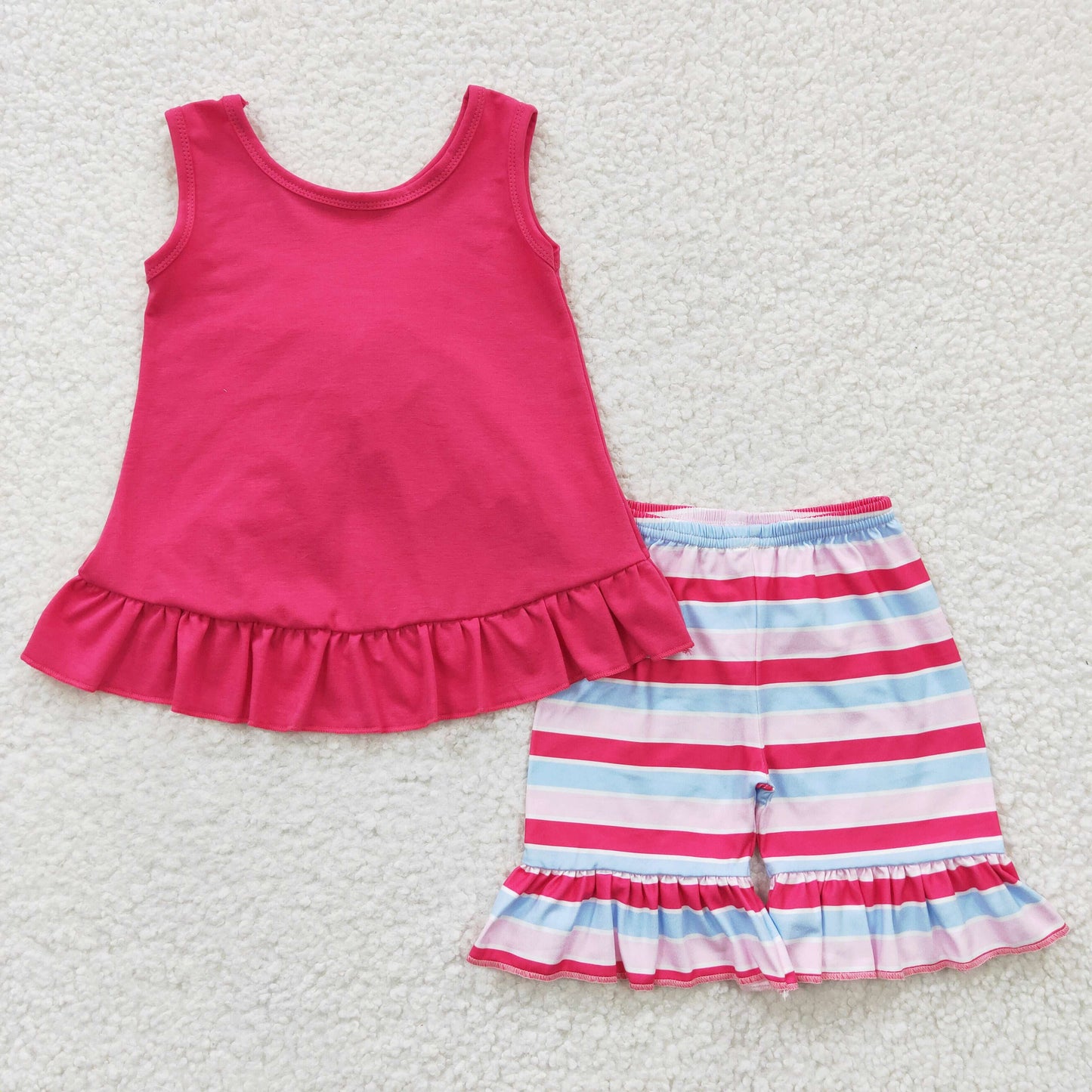 Girls hot pink cotton top stripes shorts summer outfits GSSO0209